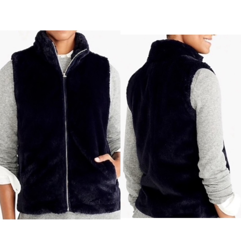 J Crew Faux Fur Vest- Women’s Small- Navy Blue, Full Zip with pockets
